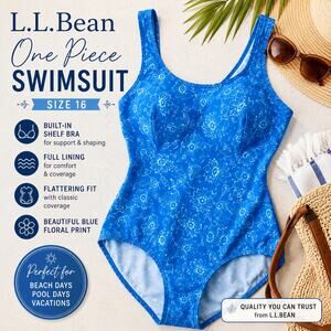 L.L.Bean Blue Floral One Piece Swimsuit Size 16 Tummy Control Shelf Bra